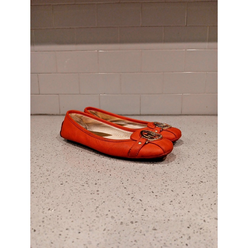 Michael Kors Fulton Red Leather Gold Logo Charm Flats Moccasins Women's size 7.5